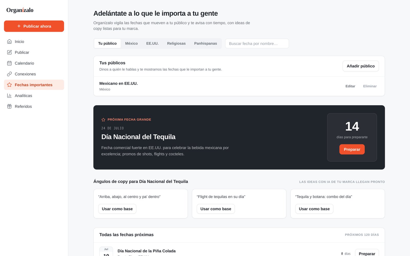 Pantalla de Fechas importantes